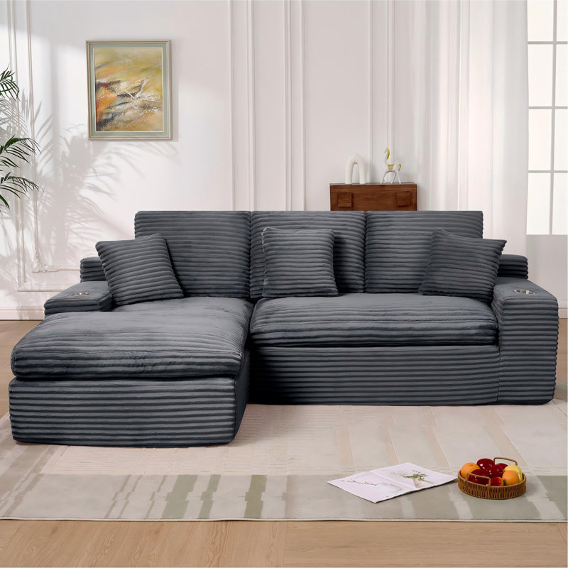 98.4" Corduroy Upholstered Modular Sofa, Compression Foam Bonless Sofa & Chaise with Cupholder and Side Pocket, Gray