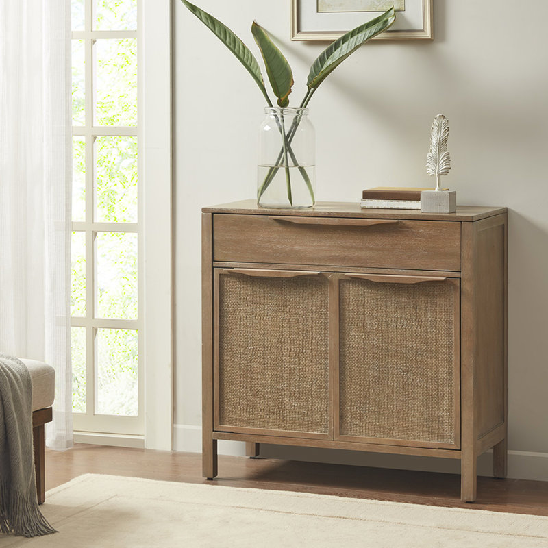 Commode d'appoint en bois massif - Devant de sangle de canne, serrure cachée, tiroir coulissant en métal, finition récupérée, cadre de rangement élégant et fonctionnel, look attrayant
