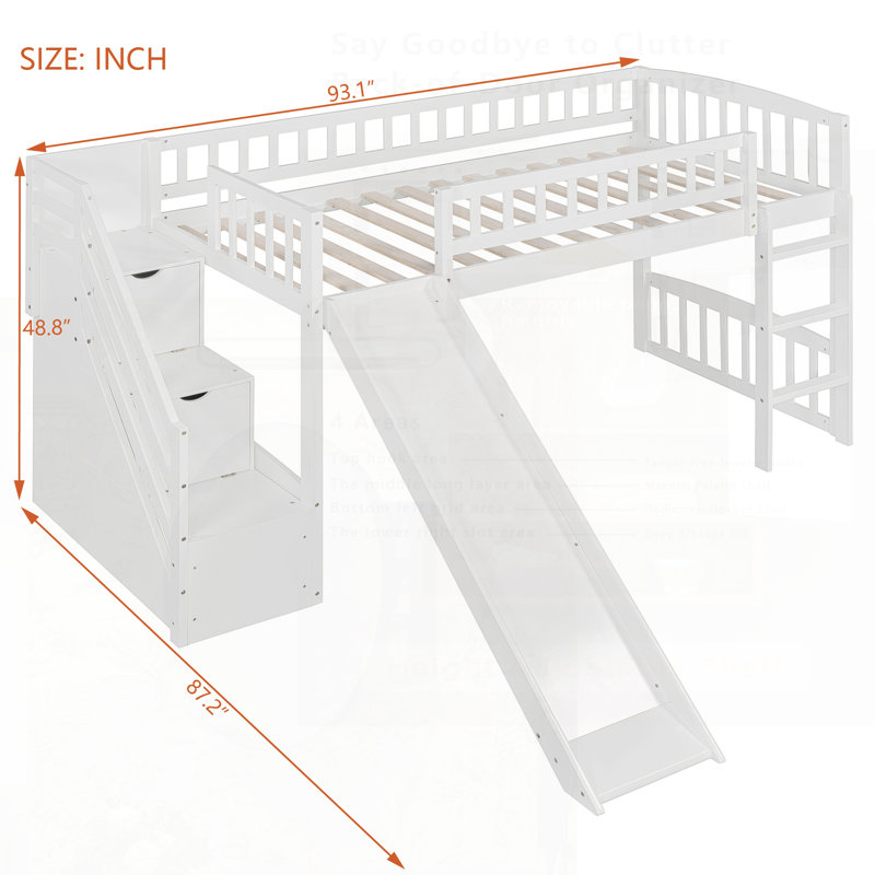 Lit mezzanine avec deux tiroirs et glissière, parfait pour les chambres d'enfants et les solutions peu encombrantes, Blanc