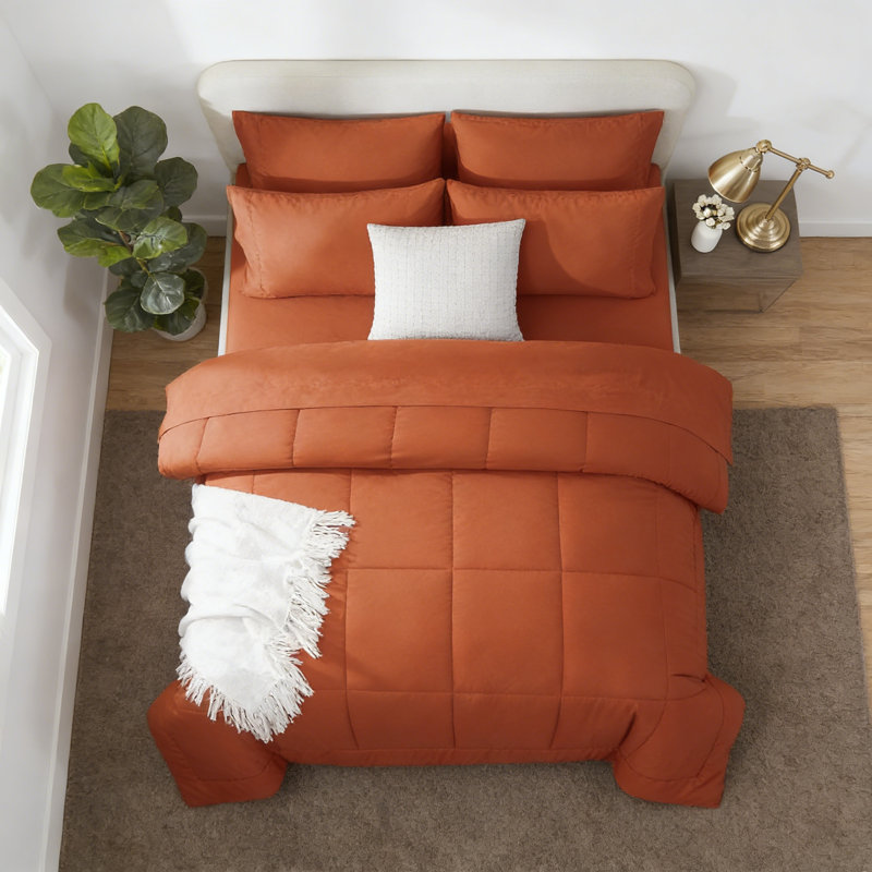 7 Piece Full Quilted Comforter Set Terracotta, Orange Abstract, Full Comforter + 7 Additional Pieces