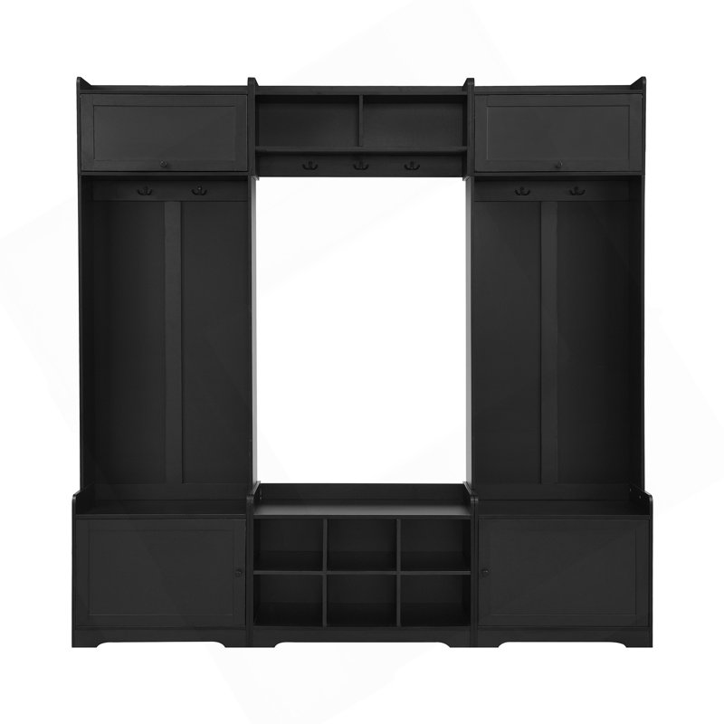 79.1''Wide Modern Hall Tree With Shoe Storage, 4-In-1 Entryway Bench With 8 Cubbies, 7 Coat Hooks & Adjustable Shelf For Hallway, Living Room, Black