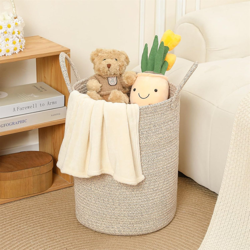 60L Large Woven Laundry Basket Hamper, 100% Natural Cotton Rope, Handwoven & Durable, Storage For Blankets, Toys, Clothes, Nursery Hamper For Living Room, Baby Room