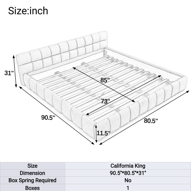Structure de lit rembourrée avec tissu épais en chenille et lit plateforme avec tête de lit et structure solide, Beige