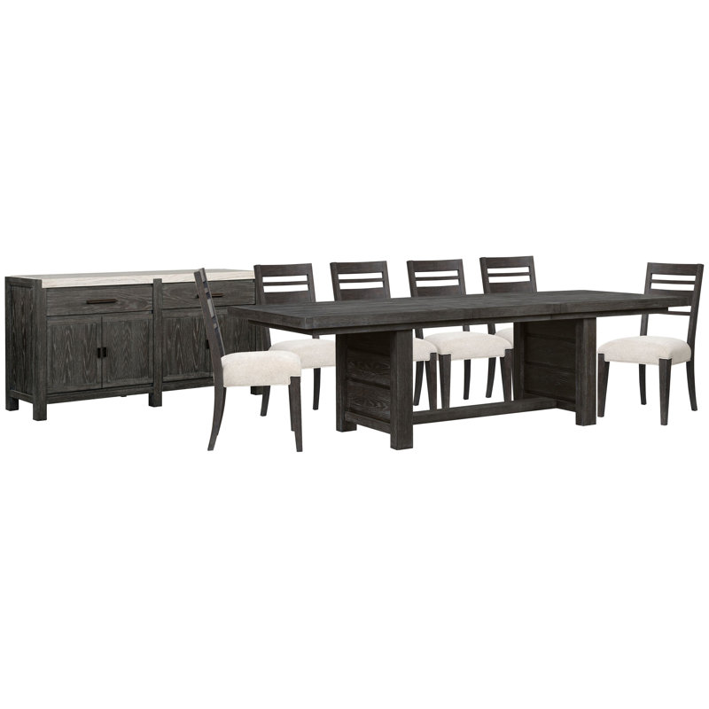 Extendable Trestle Dining Table With 6 Side Chairs And Sideboard, 8 Pieces: Table, 6 Chairs, Sideboard