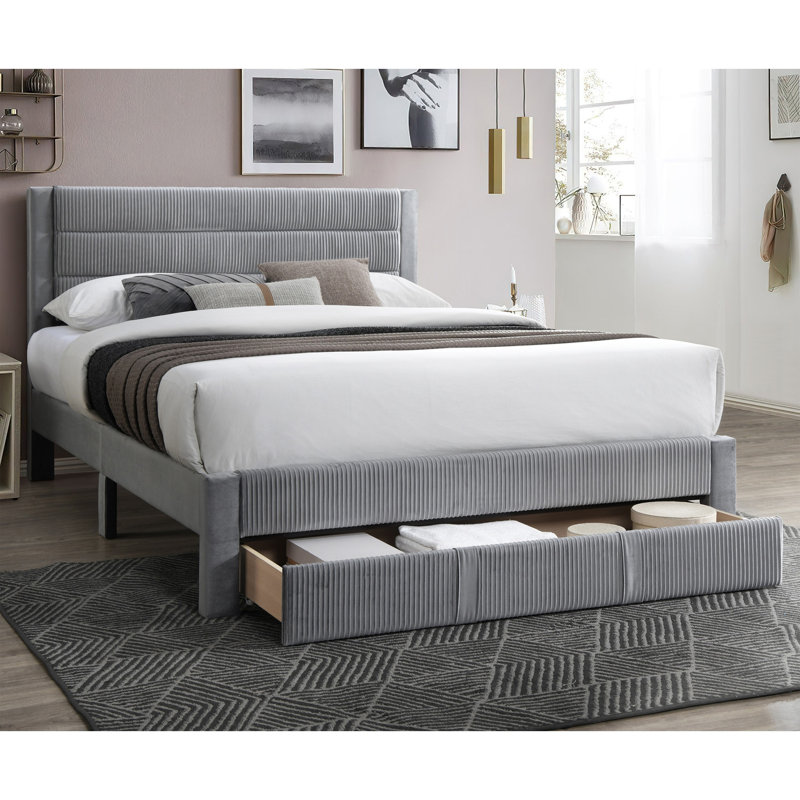 Tête de lit en velours côtelé gris luxueux avec lit de rangement grand format 1pc, Gris
