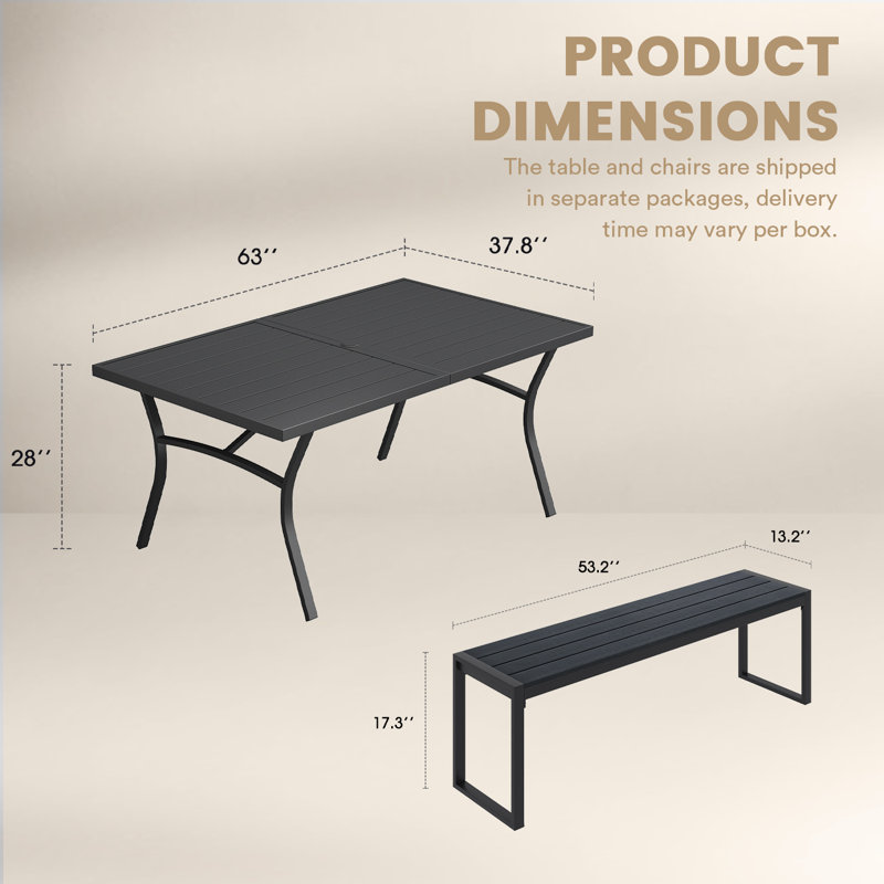 Ensemble repas d'extérieur 6 personnes avec banc, Noir, noir, noir, noir