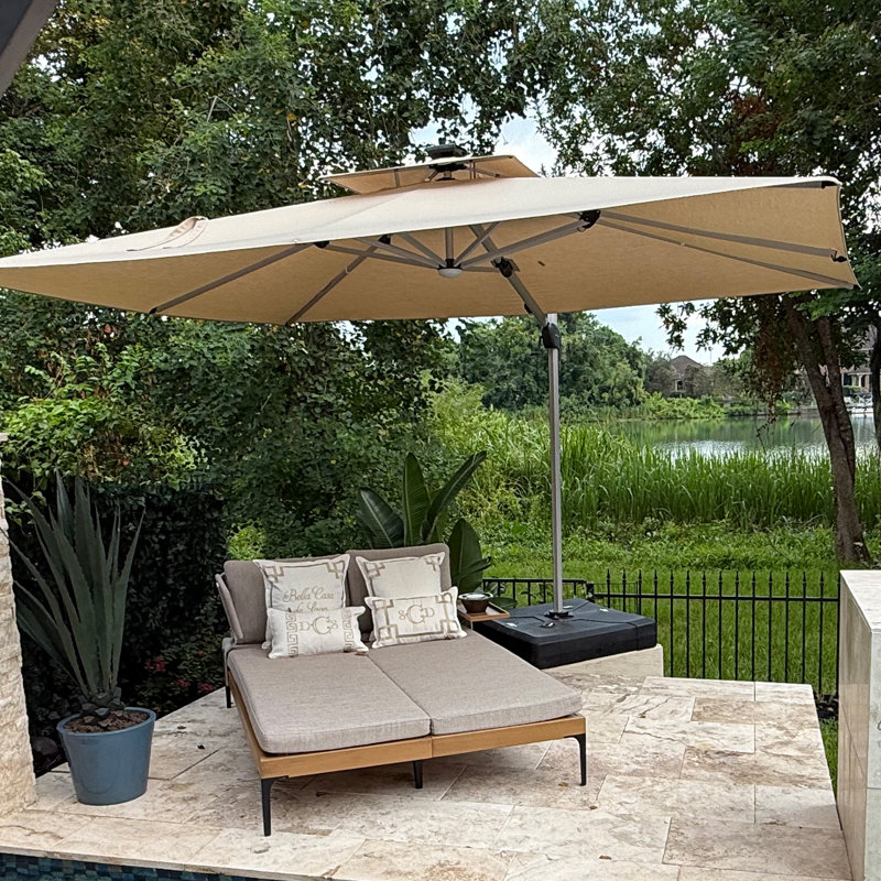 Parasol carré extérieur robuste à double dessus décalé 10 pi avec lumières, tissu de qualité supérieure, avec base, beige