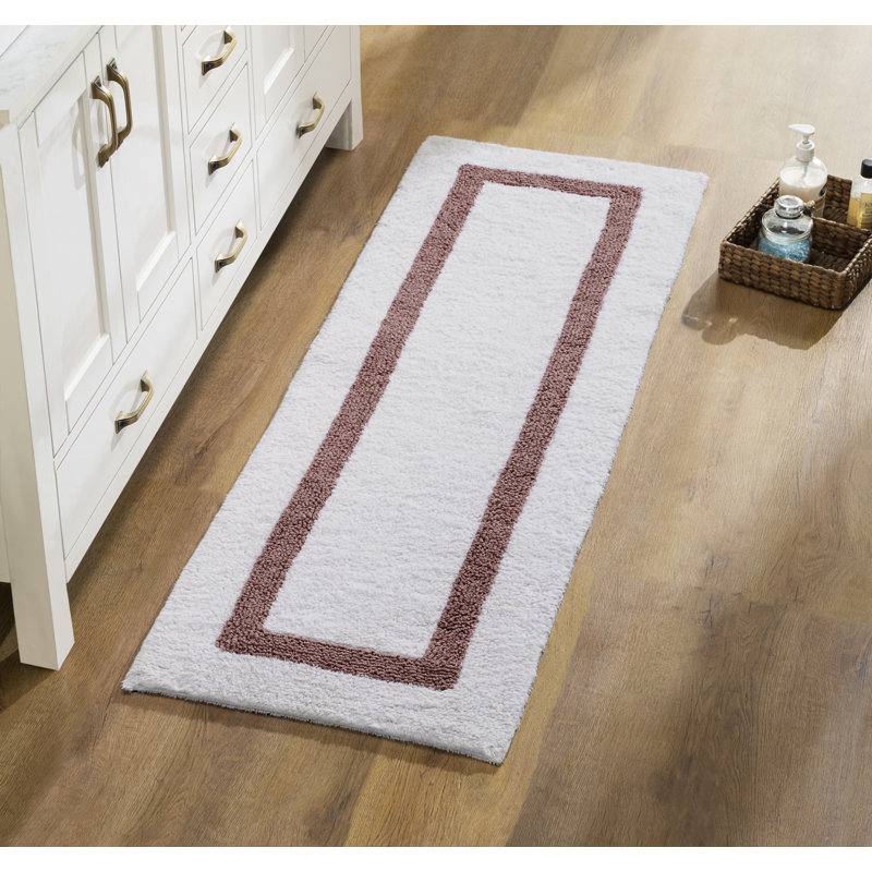 Tapis pour salle de bain réversible 100% coton Widman, Tapis de couloir 20 po x 60 po, Blanc / Rose