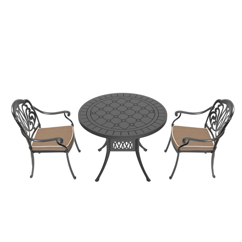 3-Piece Set Of Cast Aluminum Patio Furniture With Brown Cushions, 2, 28.35" H x 39.37" W x 39.37" D
