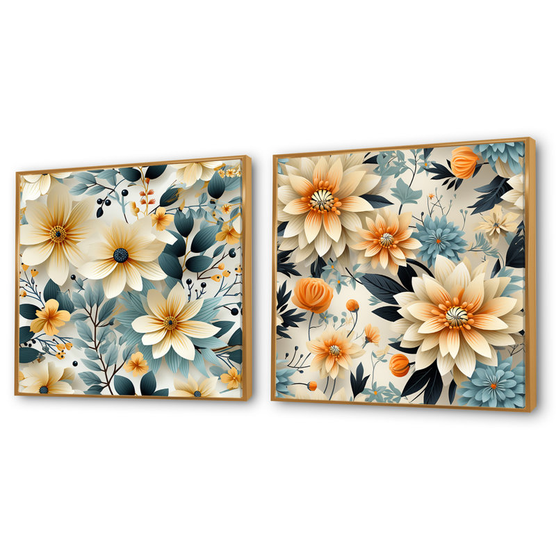 Evangélina - Ensemble de 2 collages floraux carrés, Cadre flottant doré, H 30 po x l 61 po