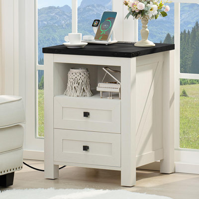 Table de chevet avec station de charge et port USB, table de bout Farmhouse avec 2 tiroirs et tablette ouverte, table de canapé rustique en bois, armoire de chevet pour chambre à coucher, salon, placard, bureau (blanc)