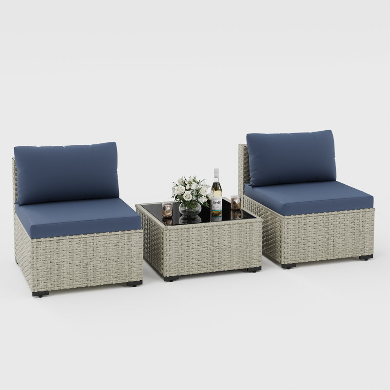 Ensemble de canapé d'extérieur en osier pour 2 personnes avec coussin Demasi, Marine