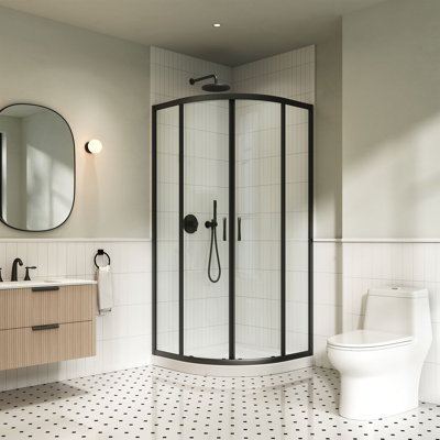 Ensemble de douche d'angle néo-ronde Breeze Quadrant 91,4 cm L x 91,4 cm l x 192,3 cm H, noir mat, portes coulissantes transparentes et receveur