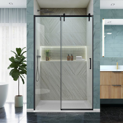44-48 in. W x 76 in. H Single Sliding Frameless Shower Door in Matte Black with Clear SGCC Tempered Glass