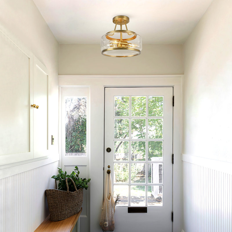Glass Drum Semi Flush Mount Light, Gold, Transparent