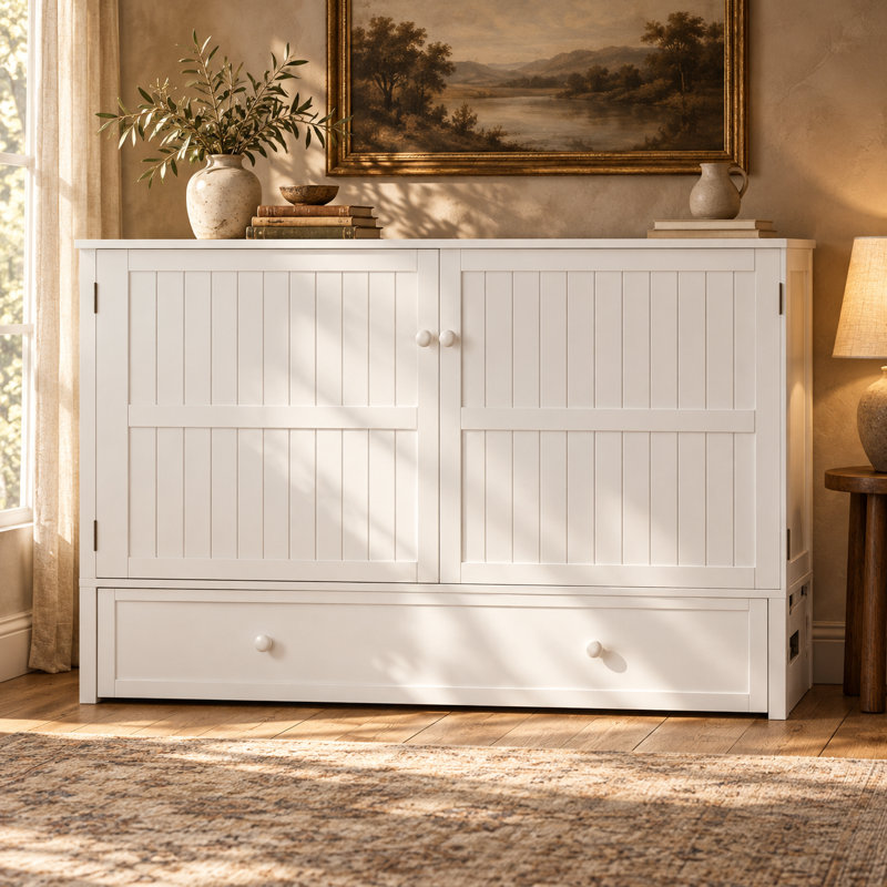 Grand lit escamotable Murphy avec station de charge et tiroirs de rangement, blanc, Blanc