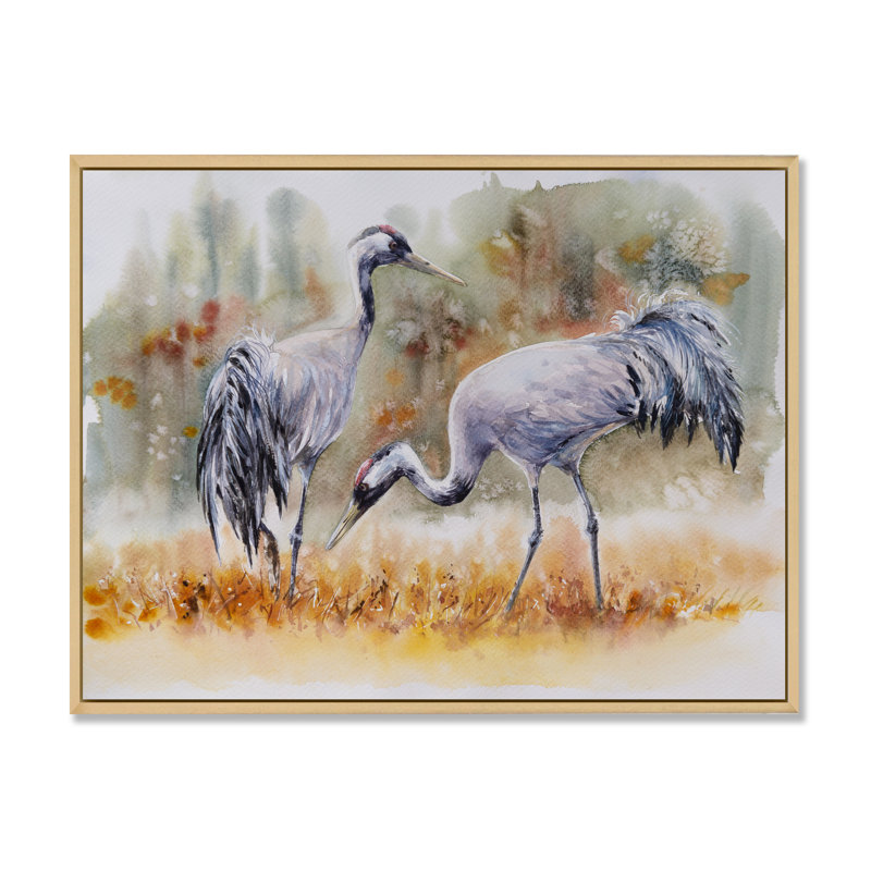 «Two Cranes in the Meadows», reproduction sur toile flottante, H 16 po x l 32 po x P 1 po, Cadre naturel