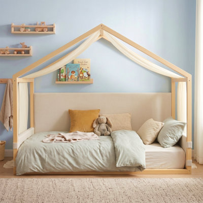 Lit simple à baldaquin avec panneaux latéraux rembourrés en velours, auvent en gaze respirante, cadre de lit plateforme à rembourrage doux, lit moderne à assemblage facile pour la chambre à coucher, chambre d'amis