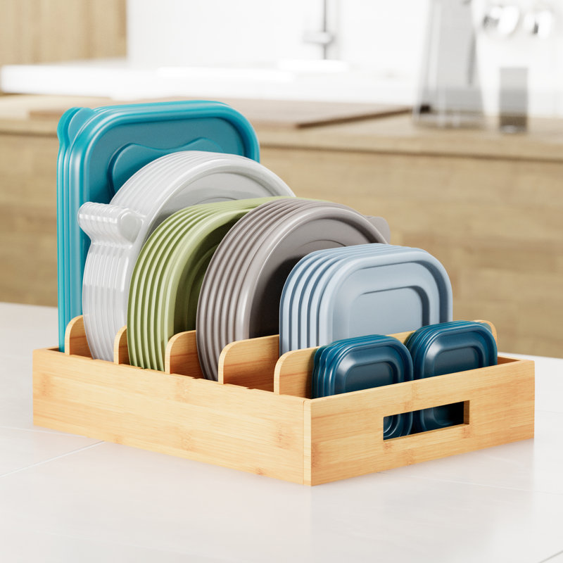 Bamboo Lid Organizer with 5 Adjustable Dividers, Food Storage Container Lid Holder for Kitchen Cabinet & Pantry, Natural