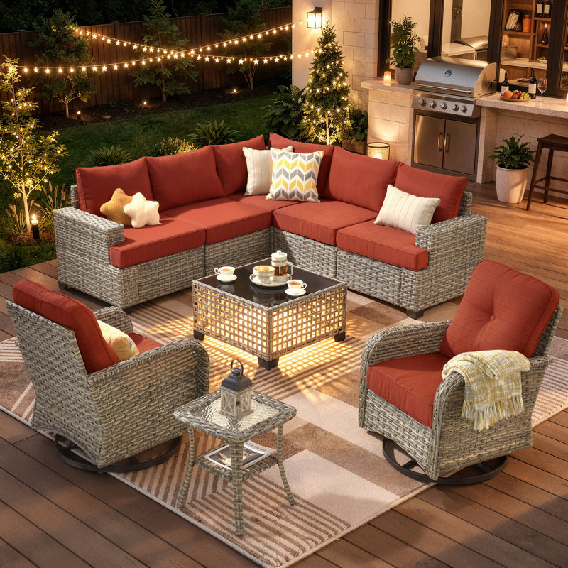 Ensemble de conversation modulaire en rotin avec coussins Wahkon pour 7 personnes avec table basse éclairée et chaises pivotantes