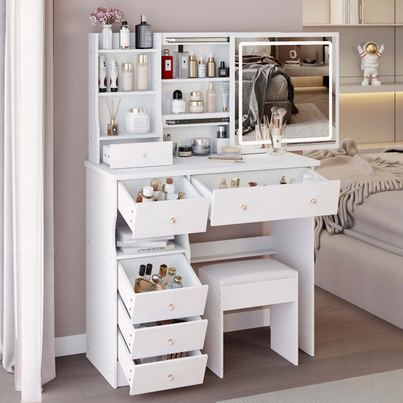 Bureau de meuble-lavabo 37 pouces avec miroir coulissant à DEL et rangement, White