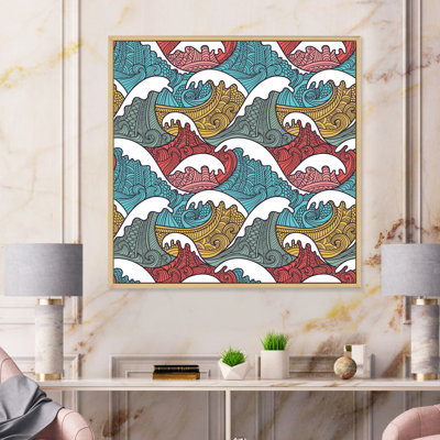 Vagues japonaises rouges, bleues et grises - Impression sur toile