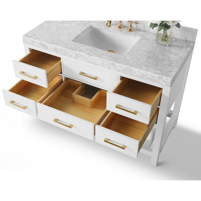 Ensemble de meuble-lavabo simple 48 po Carrie, Blanc/or brossé, Marbre blanc de Carrare