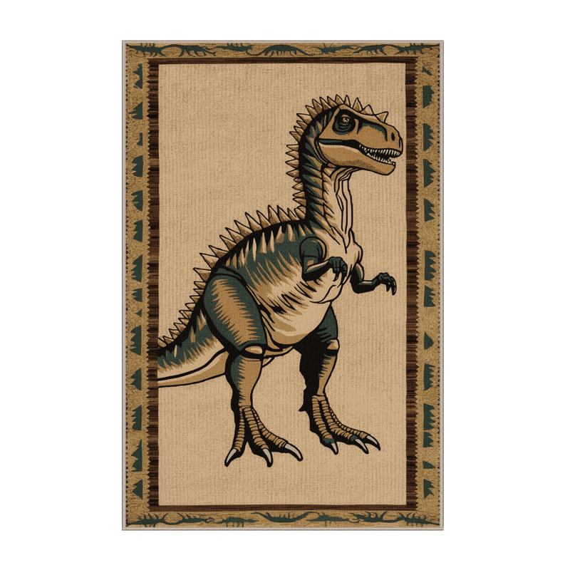 Tapis beige dinosaures lavable à la machine, Rectangle 7 pi x 10 pi