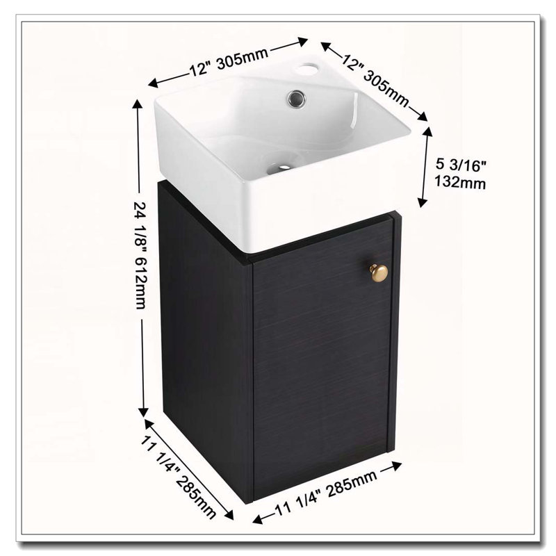 Petit meuble-lavabo 12 po avec lavabo - fixé au mur - châtaignier noir