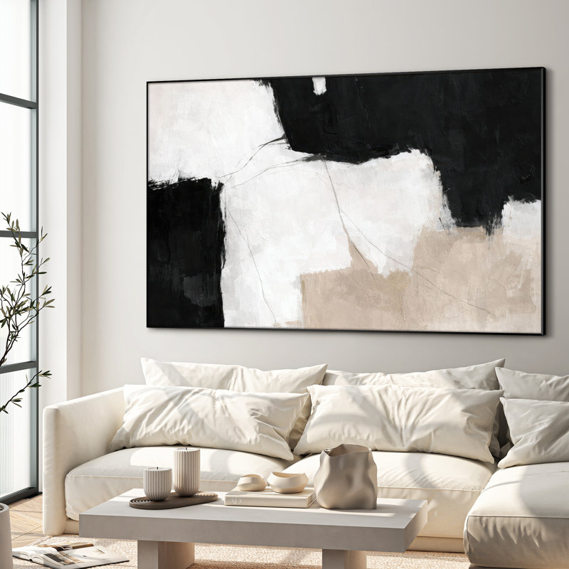 Très grand art mural imprimé sur tissu - Composition abstraite noire et beige de style moderne - "Assemblage requis (cadre non fini)"