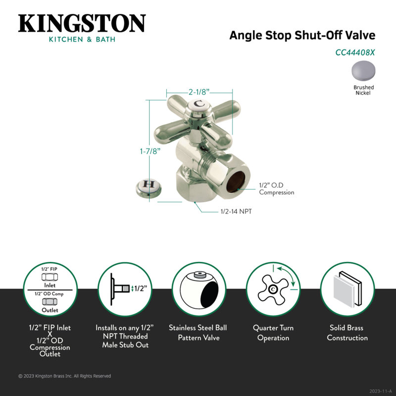 Kingston Brass Vintage 1/2-Inch FIP x 1/2-Inch OD Comp Quarter-Turn Angle Stop Valve, Brushed Nickel