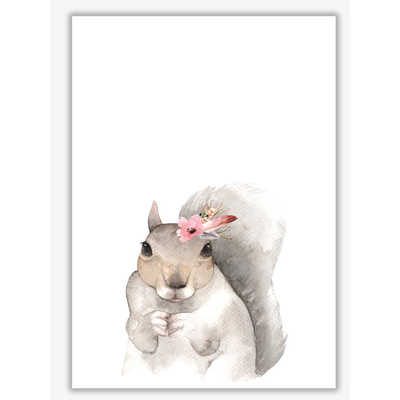 Forest Friends, Floral Cute Squirrel 1 Piece Single Picture Frame Painting, 85 cm H x 60 cm W x 1 cm D, No Frame