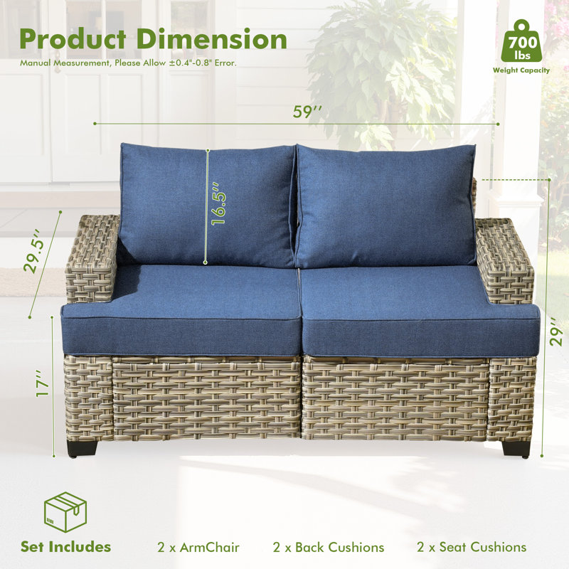 Outdoor All-Weather Wicker Sectional Loveseat Sofa With Cushions, Blue