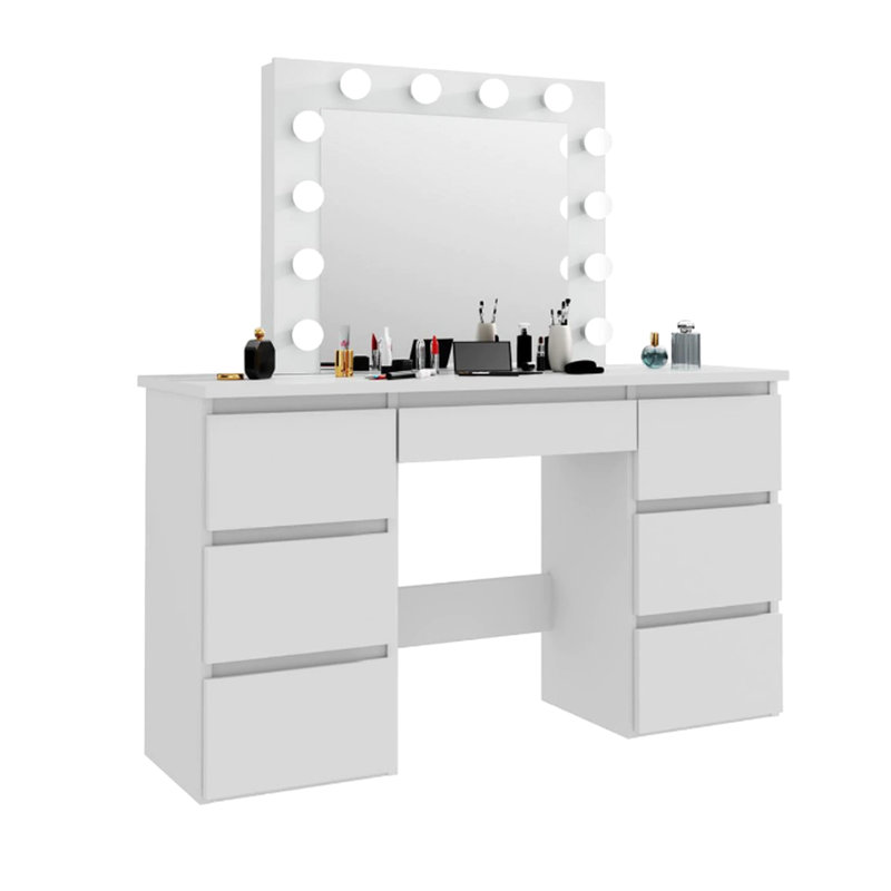 Grande coiffeuse avec miroir et éclairage tricolore - amplement d'espace pour les produits de soins du visage, les matériaux, le miroir de la commode blanche moderne, les tiroirs de rangement spacieux