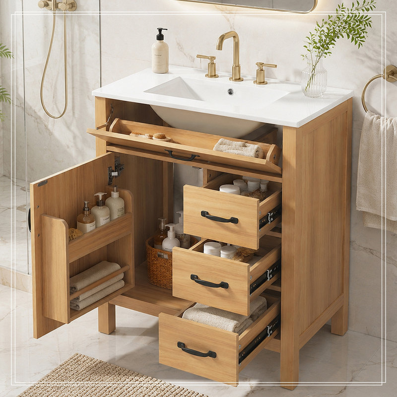 Meuble-lavabo avec lavabo, 1 porte, 1 tiroir rabattable et 3 tiroirs