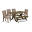 L'ensemble de table de salle à manger 6 pièces contient une table de salle à manger rectangulaire et 4 chaises rembourrées en tissu de lin kaki foncé avec un banc, patiné-572729871-572729872