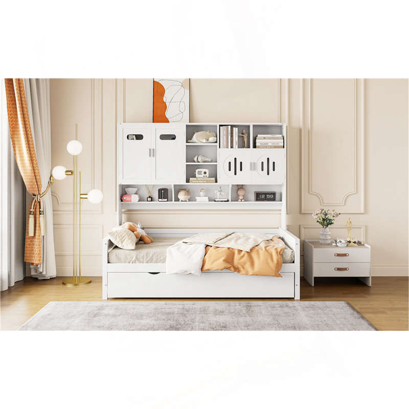 Wooden Daybed With Twin Size Trundle, And All-In-One Cabinet And Shelf, Twin, White