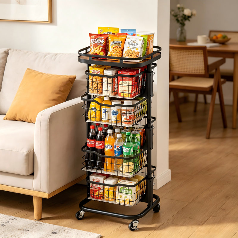 Chariot de rangement mobile noir à cinq couches avec panier de rangement rotatif, rangement pour les fruits, les légumes, les céréales et les collations