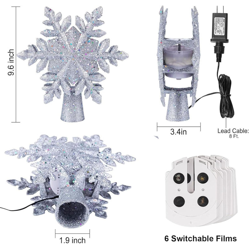 Christmas Tree Topper Lighted With 6 Projection Modes, 9.6” Hollowed Snowflake Tree Topper With Silver Spangles Plug In For Indoor Home Xmas New Year Party Holiday Night Tree Decor