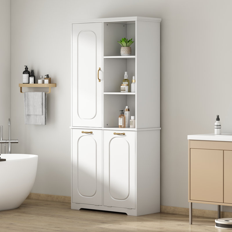 Grande armoire de rangement autoportante avec 2 paniers à linge inclinables, tablettes réglables, porte à fermeture en douceur et organisateur de porte, conception élégante et moderne