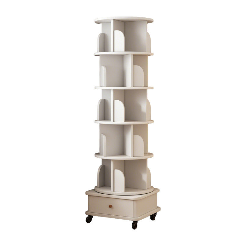 6-Tier 360° Rotating Bookshelf Tower with Storage Drawer and Lockable Wheels, White