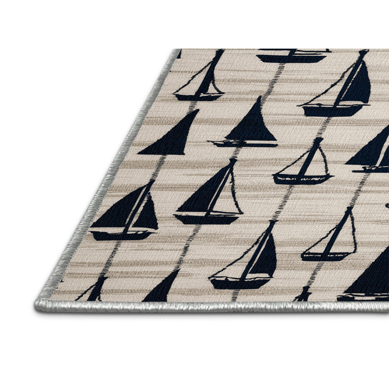  Washable Sailboat Silhouettes Coastal Area Rug