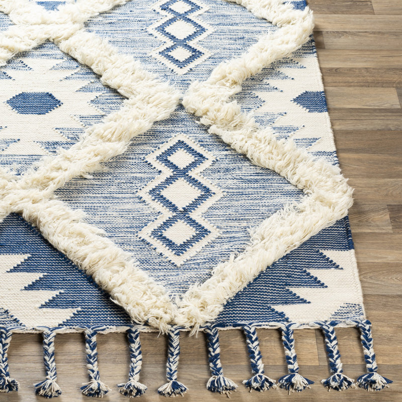 Tapis bleu foncé / crème en laine tissé à la main Jovia, Rectangle 9 pi x 12 pi