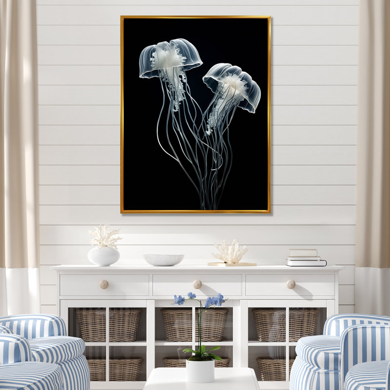 Impression sur toile «Black and White Jellyfish Luminous Drifters I» - Plage et océan, Cadre flottant doré
