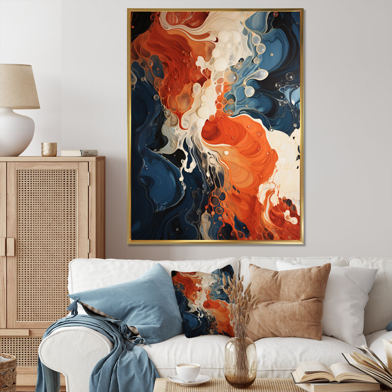 Blue And Orange Liquid Ink Waves V - Abstract Wall Art, 20" H x 12" W x 1" D, Gold Picture Framed