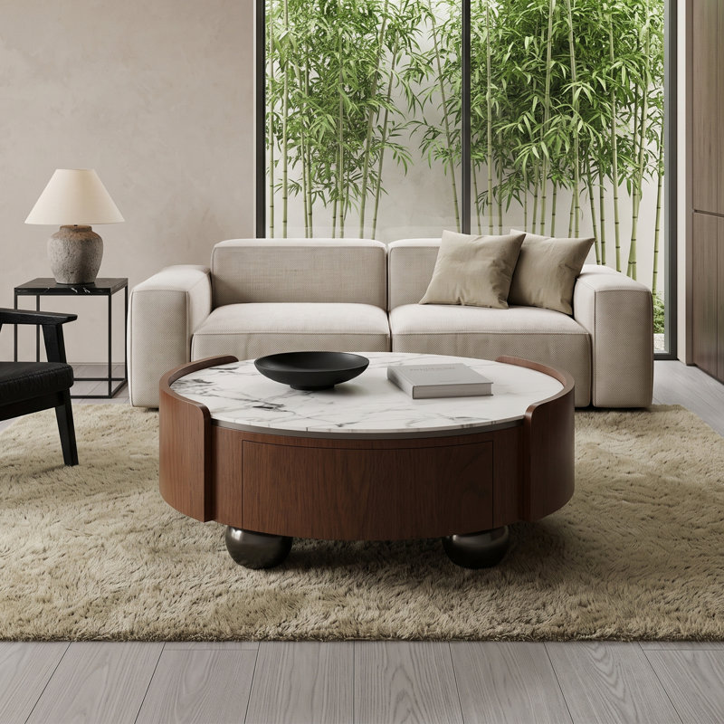 Table basse moderne moderne 35,43 po avec dessus en pierre naturelle et tiroirs de rangement pour le salon