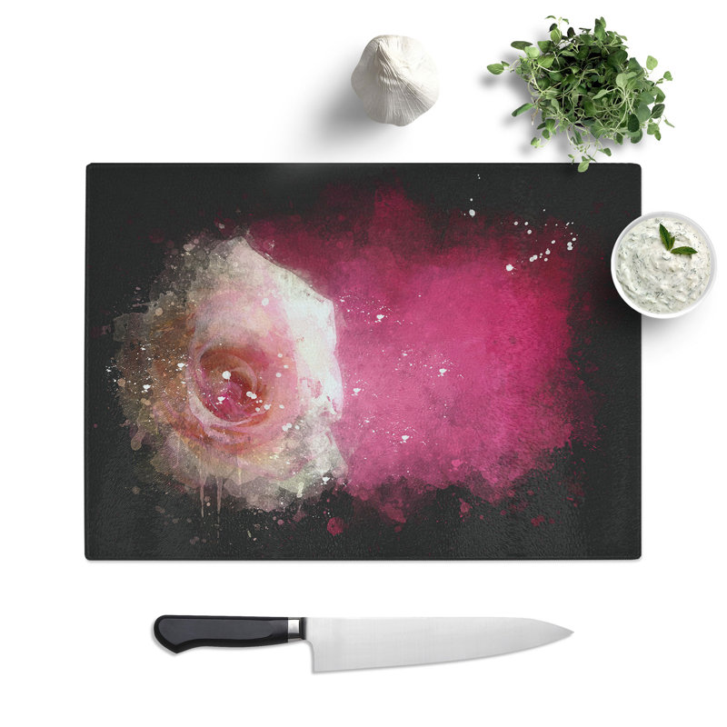 Tempered Glass Lone Pink Rose Chopping Board, 20 cm x 28.5 cm