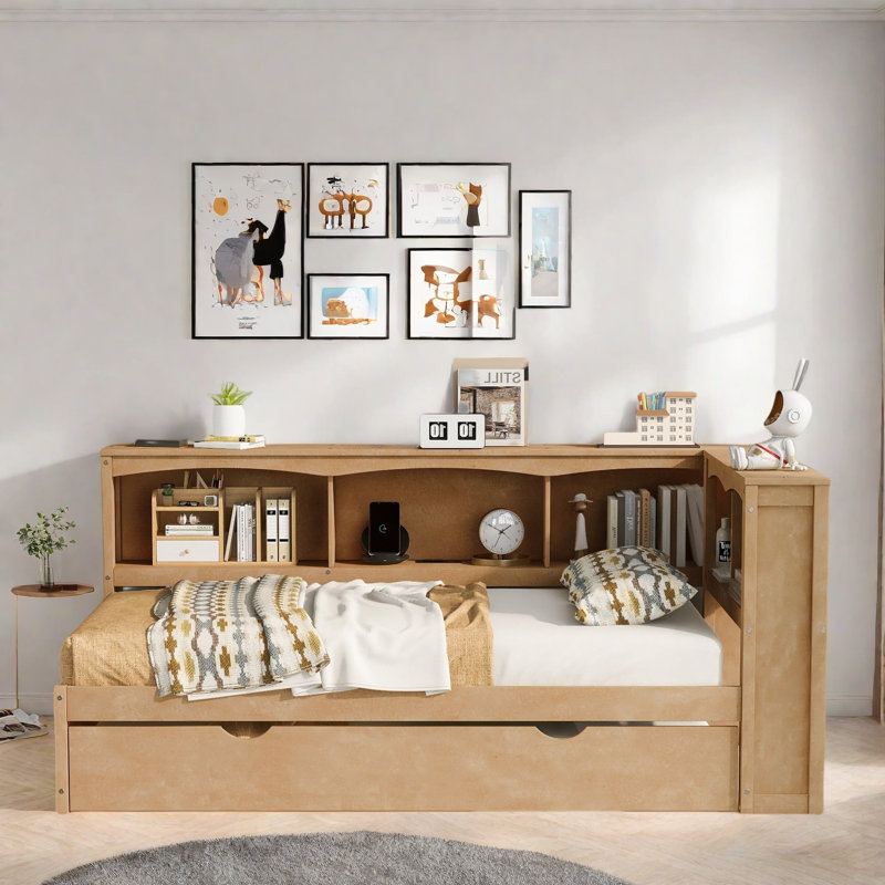 Lit de jour moderne avec lit gigogne, armoires de rangement et ports USB, Bois