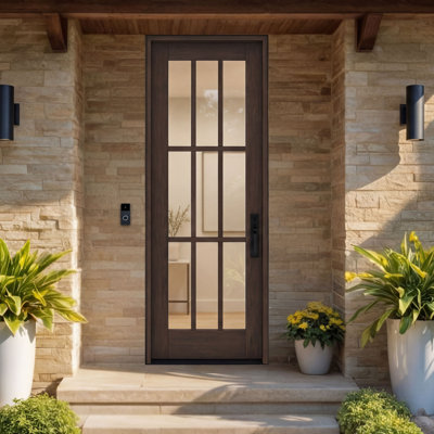 G109-SW-96 | 96" Single Door, RTA Prehung Exterior, SDL 9 Lite, Unfinished Mahogany Wood