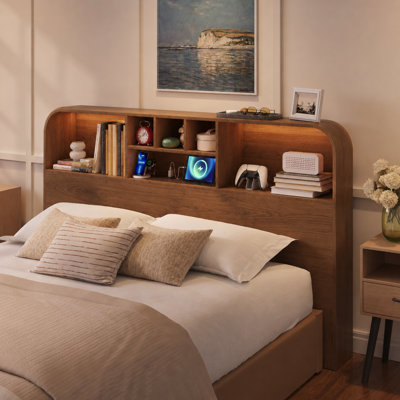 Curved-Edge Bookcase Headboard with Built-In Charging Station & Adjustable LED Lighting, Queen